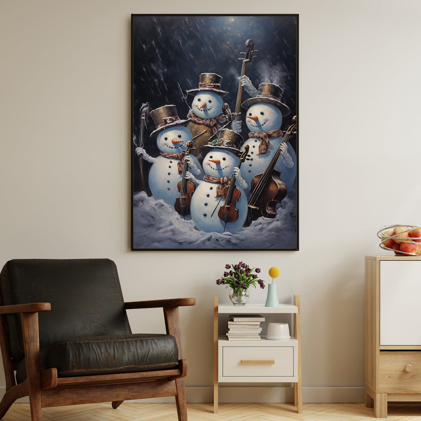 Snowy Serenade The Winter Quartet's Midnight Performance, Christmas Canvas Painting, Xmas Wall Art Decor - Christmas Poster Gift For Snowman Lovers