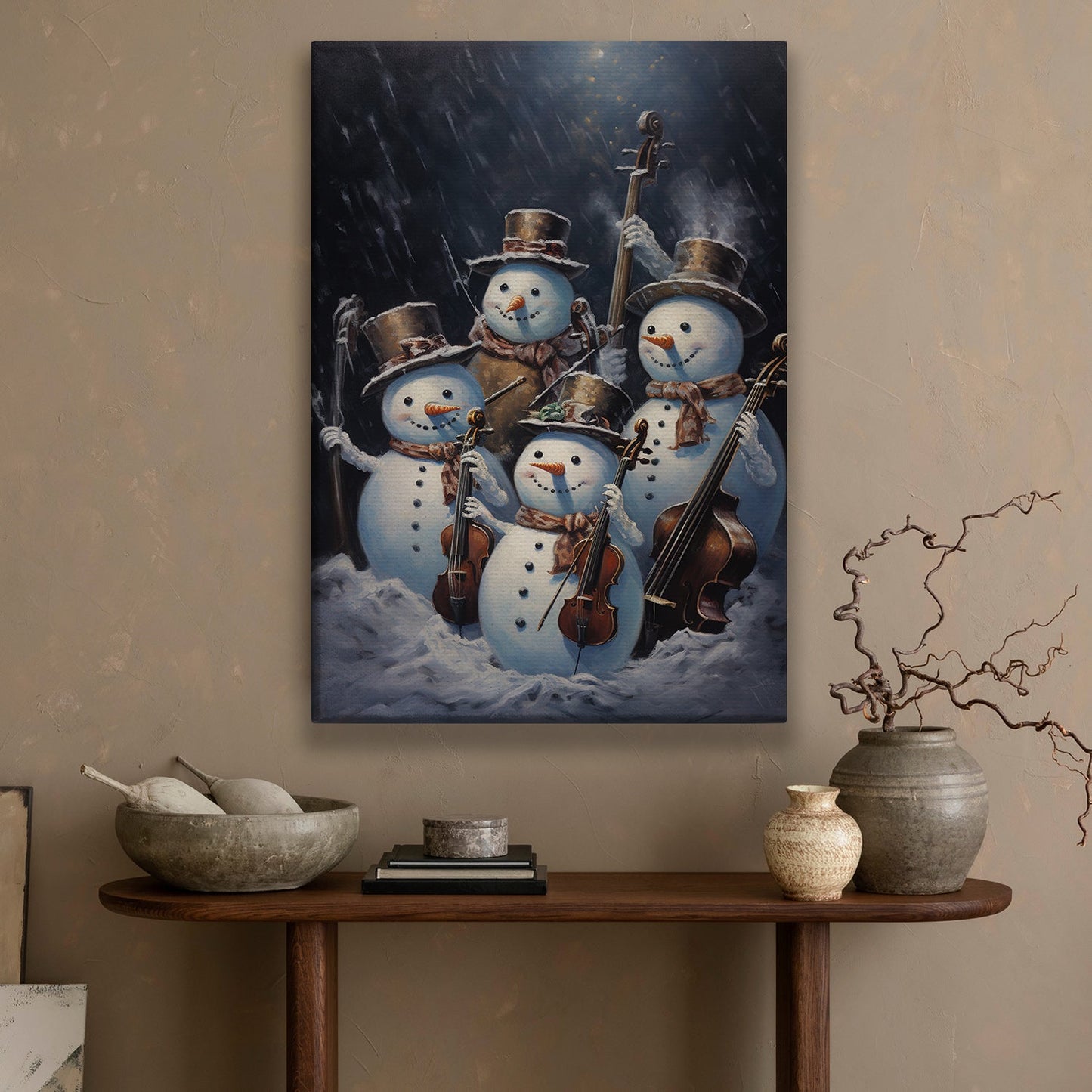 Snowy Serenade The Winter Quartet's Midnight Performance, Christmas Canvas Painting, Xmas Wall Art Decor - Christmas Poster Gift For Snowman Lovers