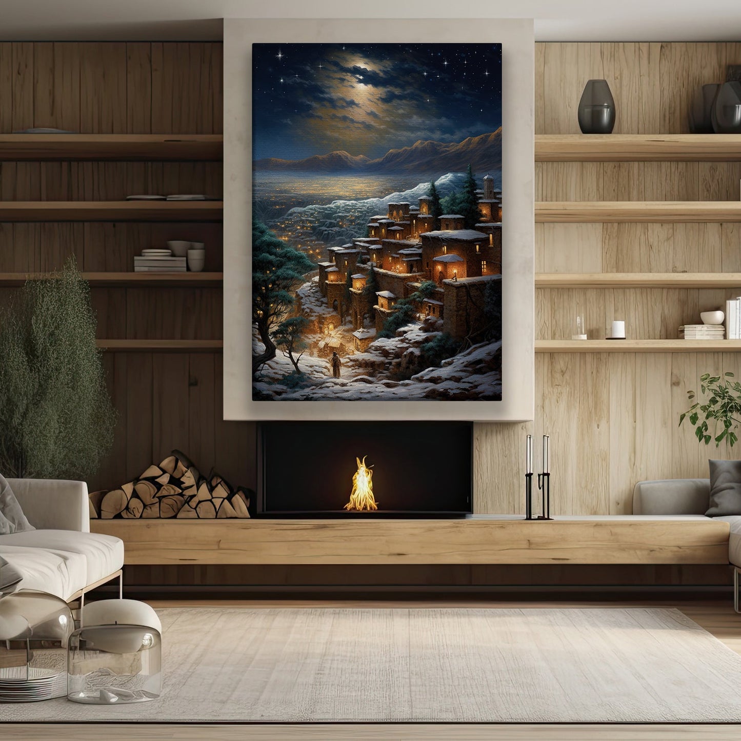 Starry Night Over the Ancient Village A Winter's Tranquility, Christmas Canvas Painting, Xmas Wall Art Decor - Christmas Poster Gift For Snowman Lovers