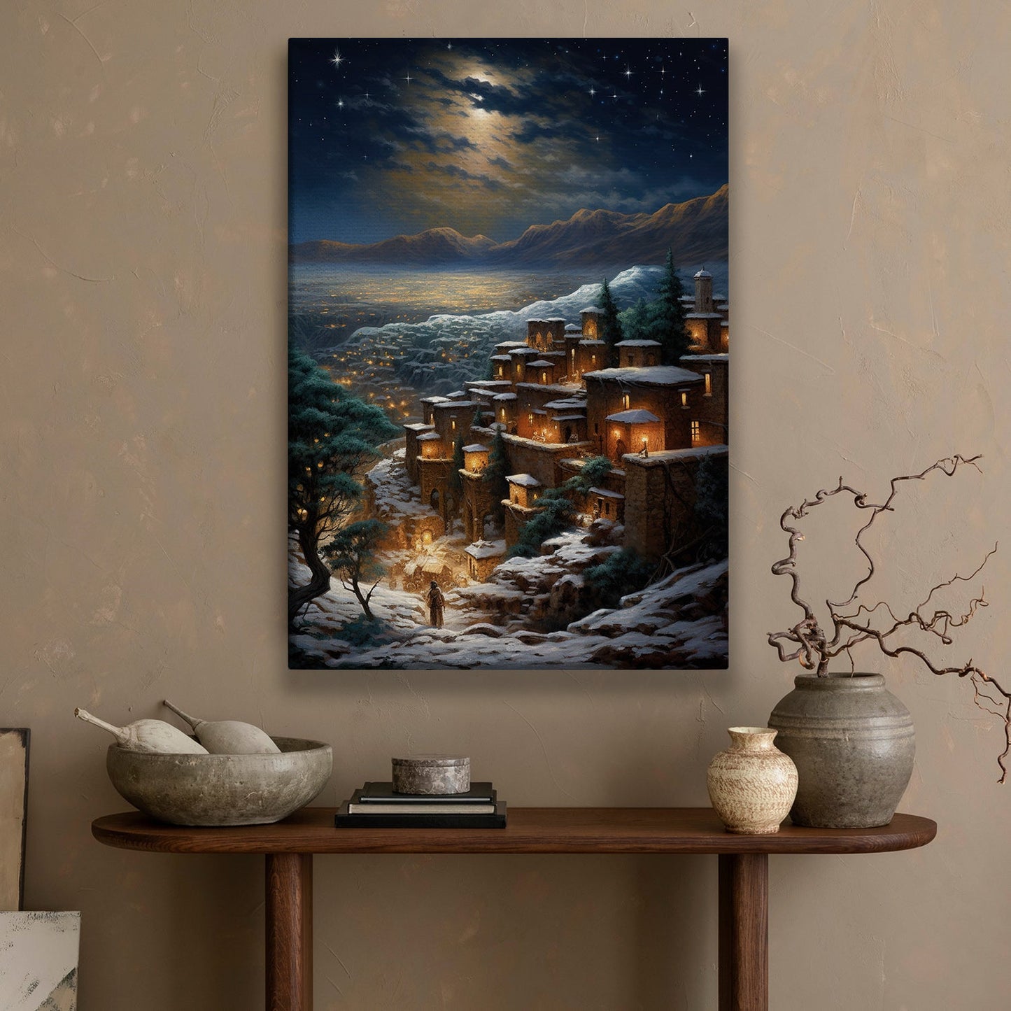 Starry Night Over the Ancient Village A Winter's Tranquility, Christmas Canvas Painting, Xmas Wall Art Decor - Christmas Poster Gift For Snowman Lovers