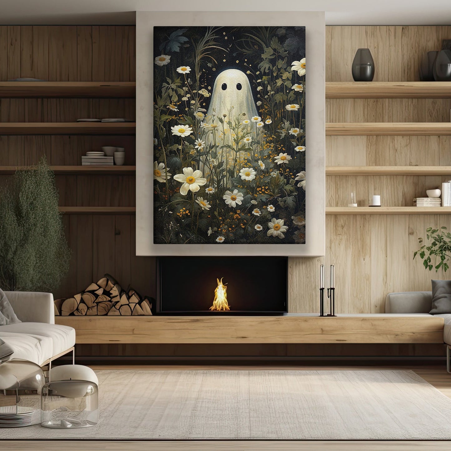 Whimsical Specter Blooms in Midnight's Embrace, Ghost Canvas Painting, Wall Art Decor - Dark Ghost Halloween Poster Gift