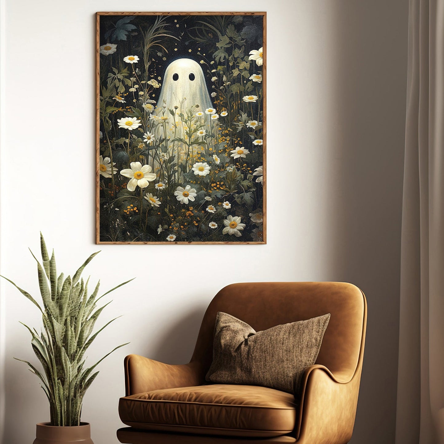 Whimsical Specter Blooms in Midnight's Embrace, Ghost Canvas Painting, Wall Art Decor - Dark Ghost Halloween Poster Gift