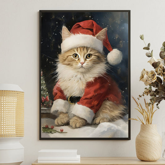 Santa Claus Cat Christmas Canvas Painting, Xmas Wall Art Decor - Cat Christmas Poster Gift