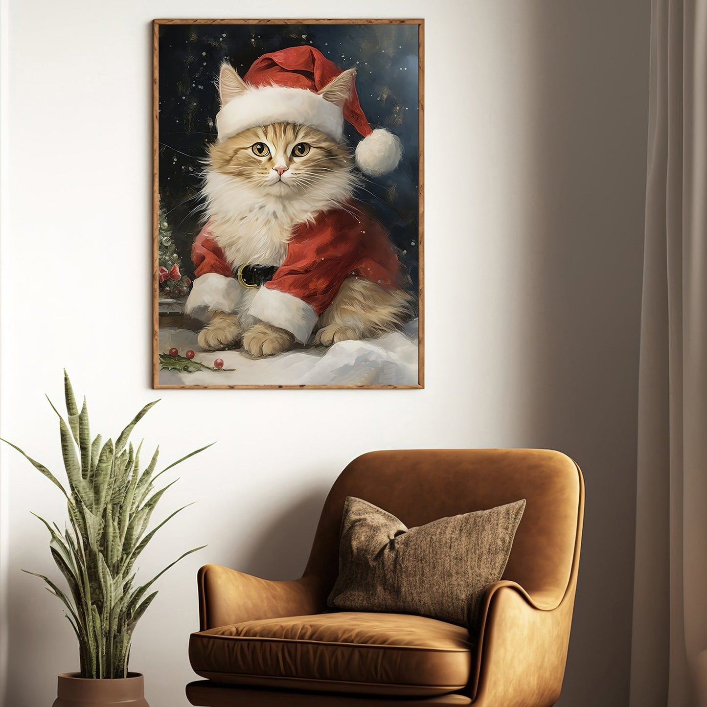 Santa Claus Cat Christmas Canvas Painting, Xmas Wall Art Decor - Cat Christmas Poster Gift