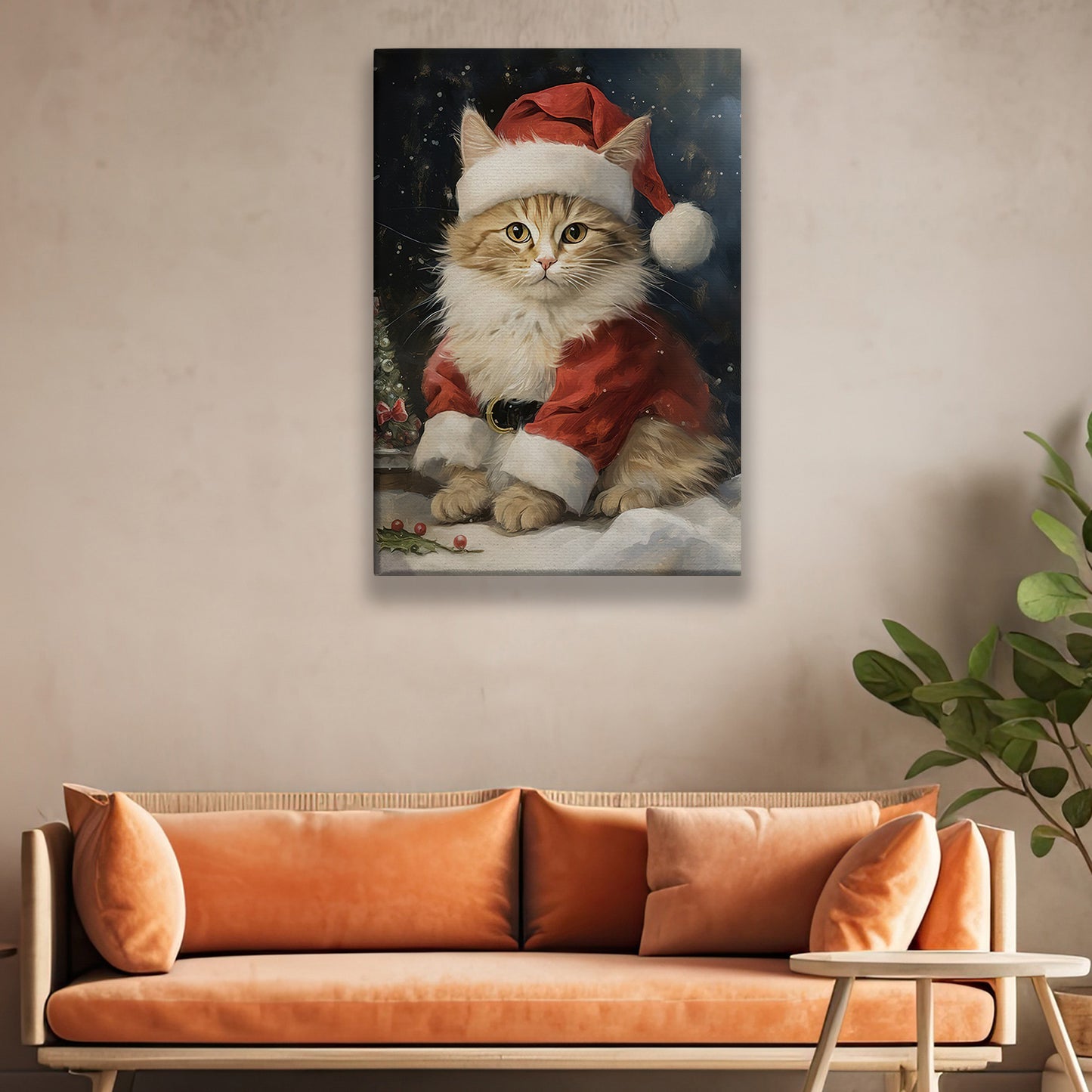 Santa Claus Cat Christmas Canvas Painting, Xmas Wall Art Decor - Cat Christmas Poster Gift
