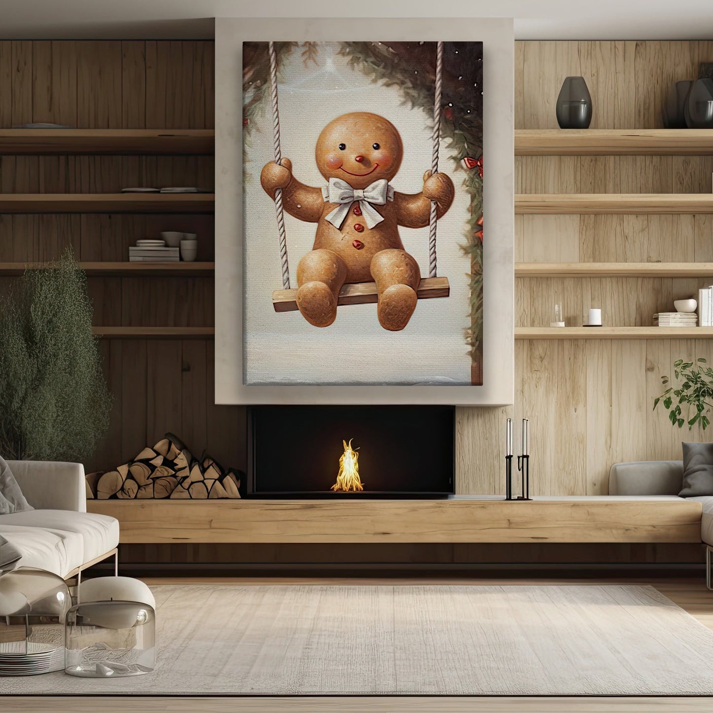 Cute Swinging Gingerbread Man, Christmas Canvas Painting, Xmas Wall Art Decor - Gingerbread Man Christmas Poster Gift