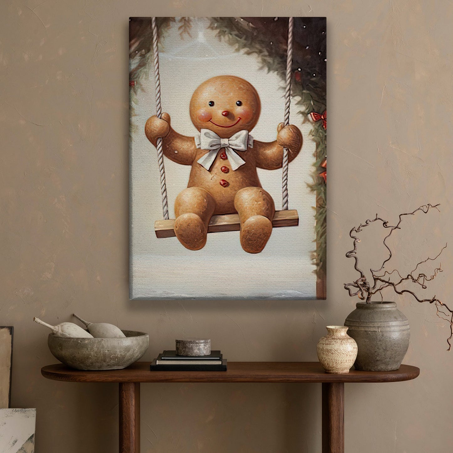 Cute Swinging Gingerbread Man, Christmas Canvas Painting, Xmas Wall Art Decor - Gingerbread Man Christmas Poster Gift