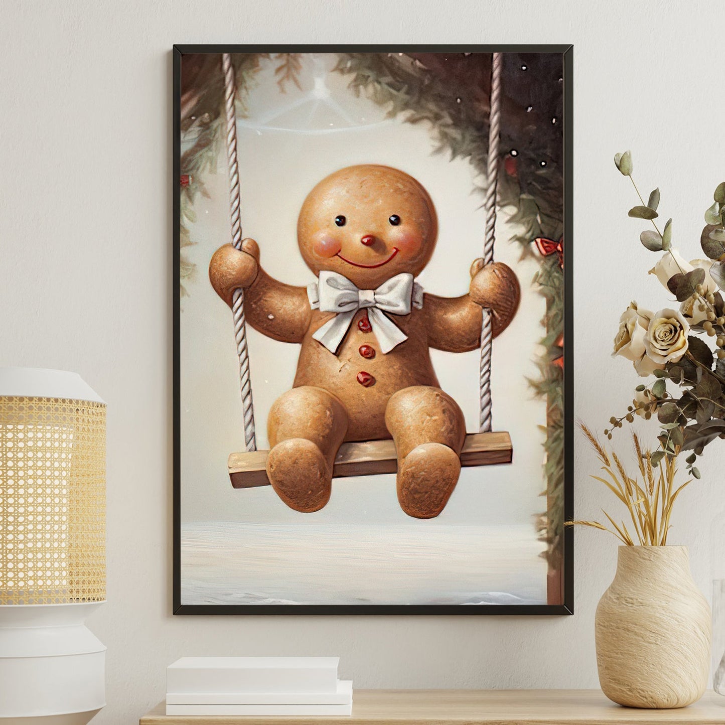 Cute Swinging Gingerbread Man, Christmas Canvas Painting, Xmas Wall Art Decor - Gingerbread Man Christmas Poster Gift