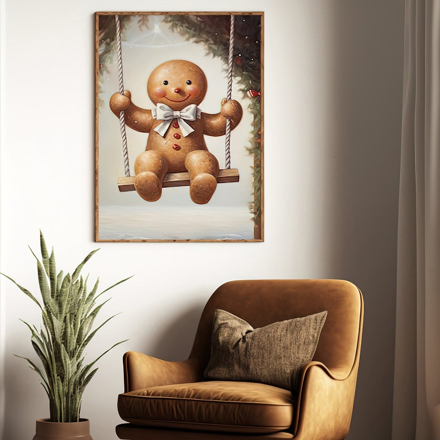 Cute Swinging Gingerbread Man, Christmas Canvas Painting, Xmas Wall Art Decor - Gingerbread Man Christmas Poster Gift