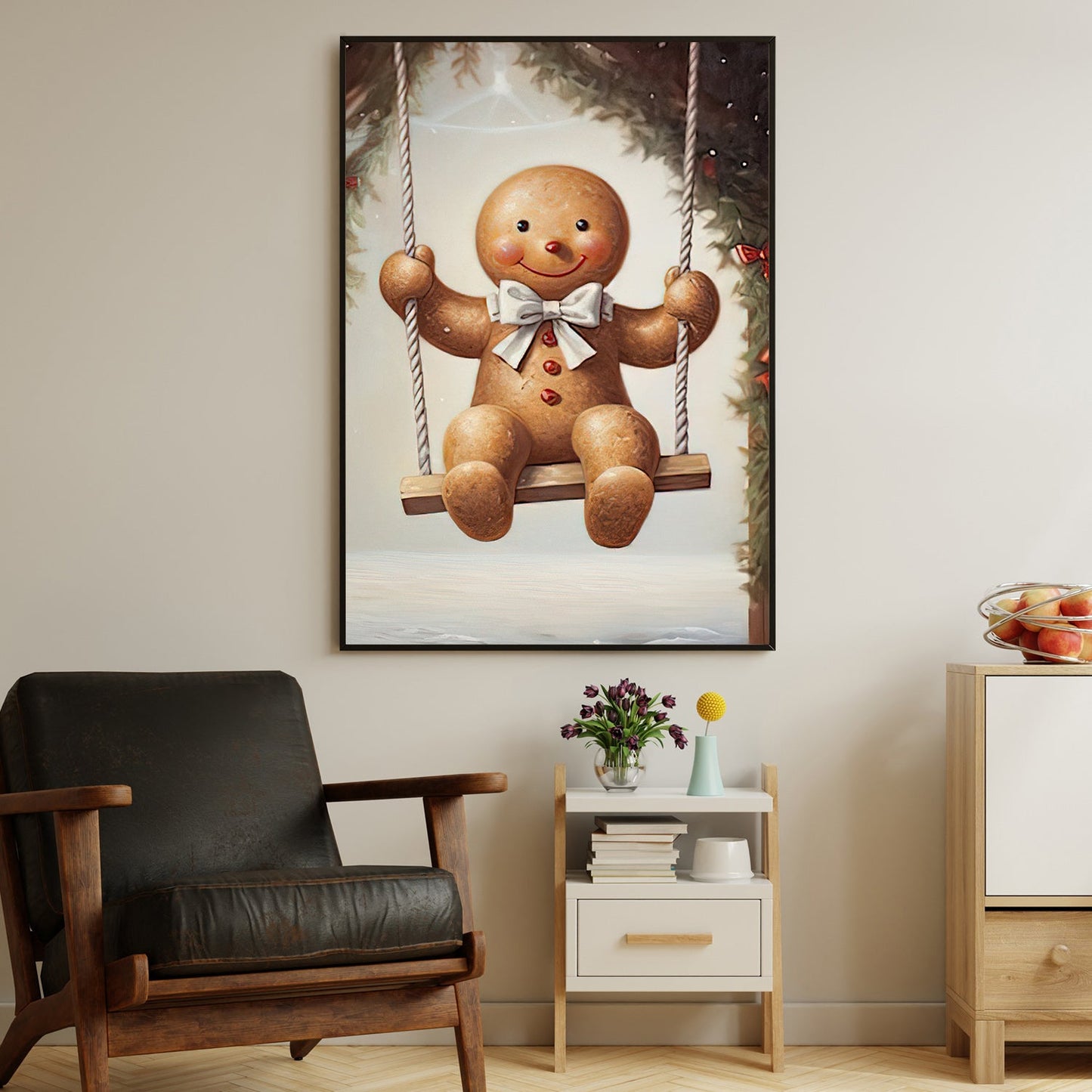 Cute Swinging Gingerbread Man, Christmas Canvas Painting, Xmas Wall Art Decor - Gingerbread Man Christmas Poster Gift