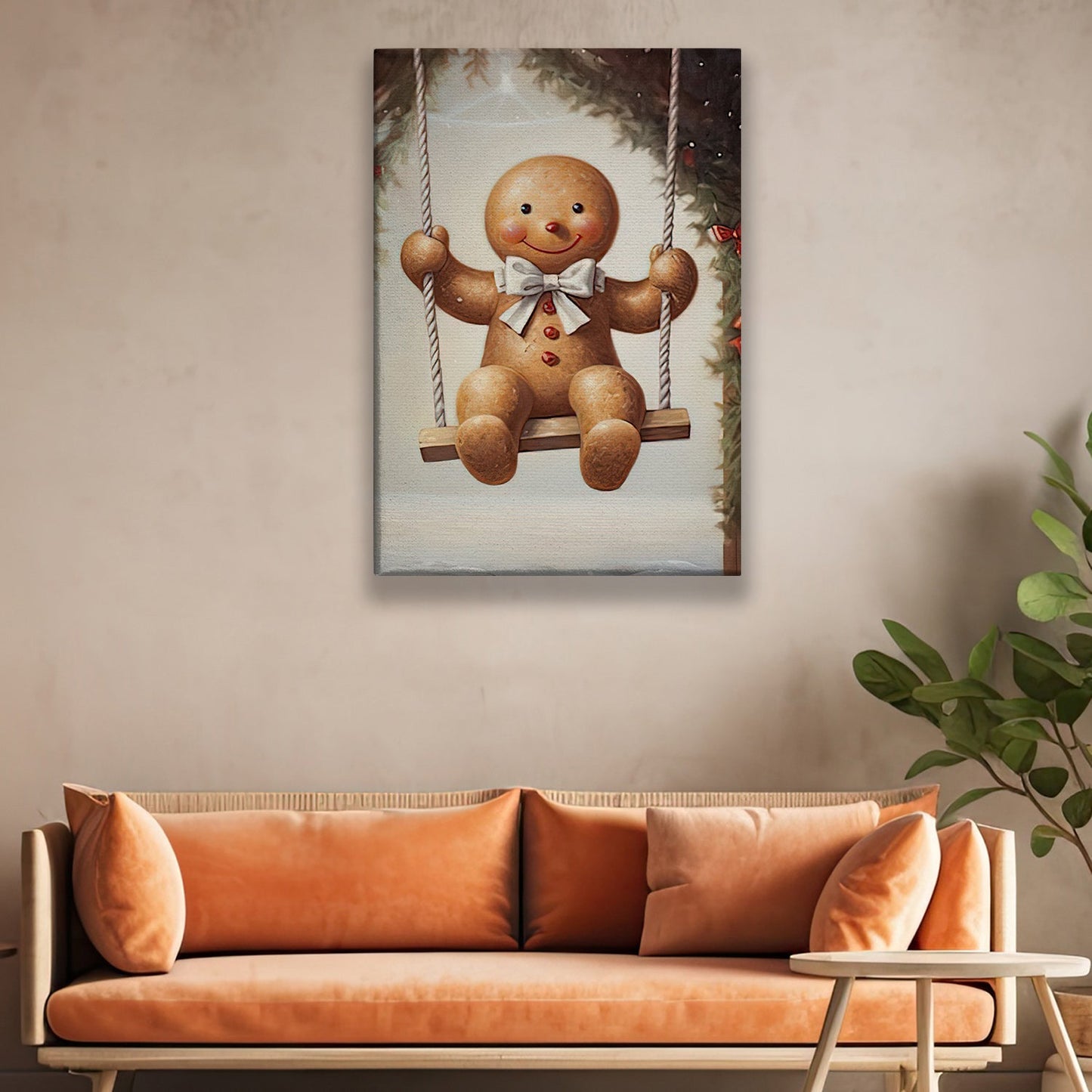 Cute Swinging Gingerbread Man, Christmas Canvas Painting, Xmas Wall Art Decor - Gingerbread Man Christmas Poster Gift