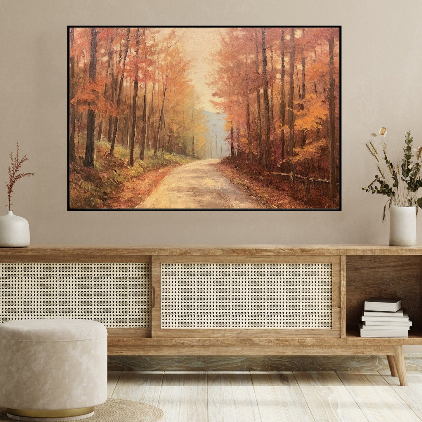 Golden Pathway Autumn's Warm Embrace, Thanksgiving Canvas Painting, Wall Art Decor - Thanksgiving Poster Gift