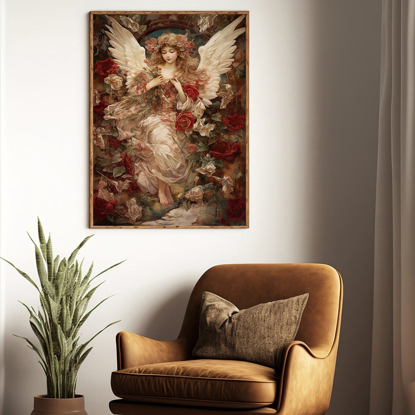 Serene Angel Amidst Blooming Roses, Victorian Canvas Painting, Mythology Wall Art Decor - Christmas Poster Gift For Angel Lovers