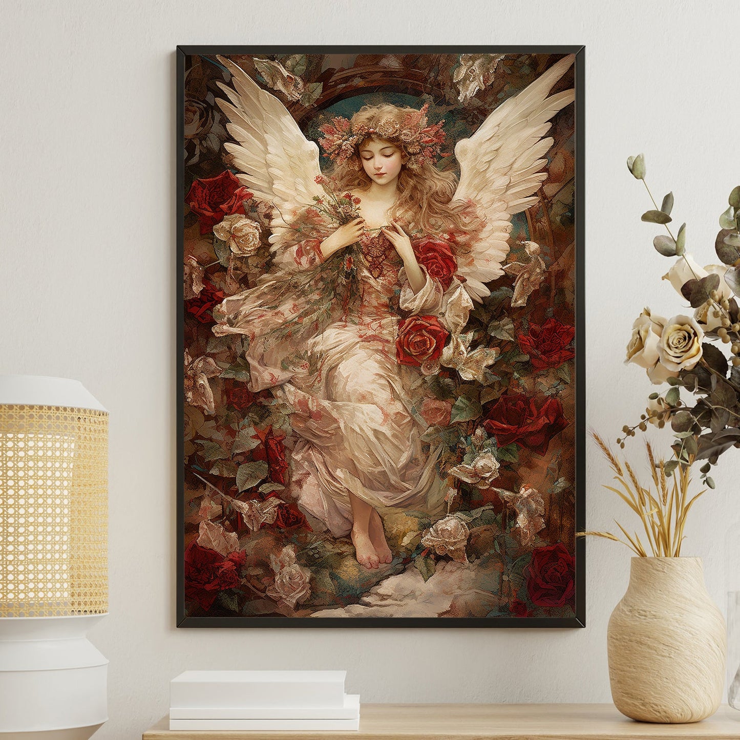 Serene Angel Amidst Blooming Roses, Victorian Canvas Painting, Mythology Wall Art Decor - Christmas Poster Gift For Angel Lovers