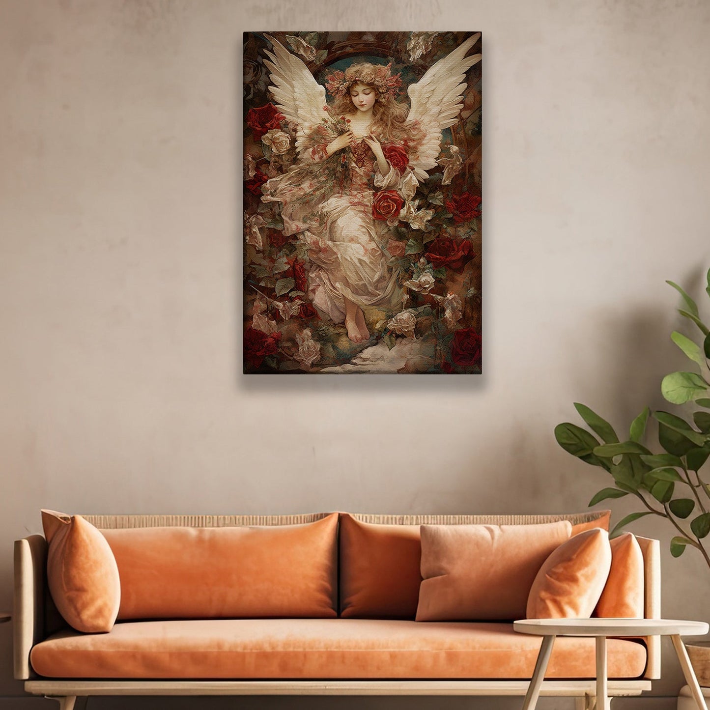 Serene Angel Amidst Blooming Roses, Victorian Canvas Painting, Mythology Wall Art Decor - Christmas Poster Gift For Angel Lovers