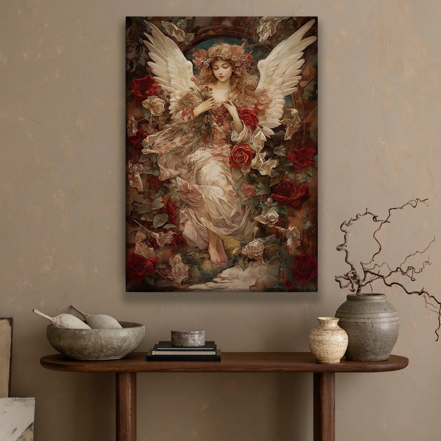 Serene Angel Amidst Blooming Roses, Victorian Canvas Painting, Mythology Wall Art Decor - Christmas Poster Gift For Angel Lovers