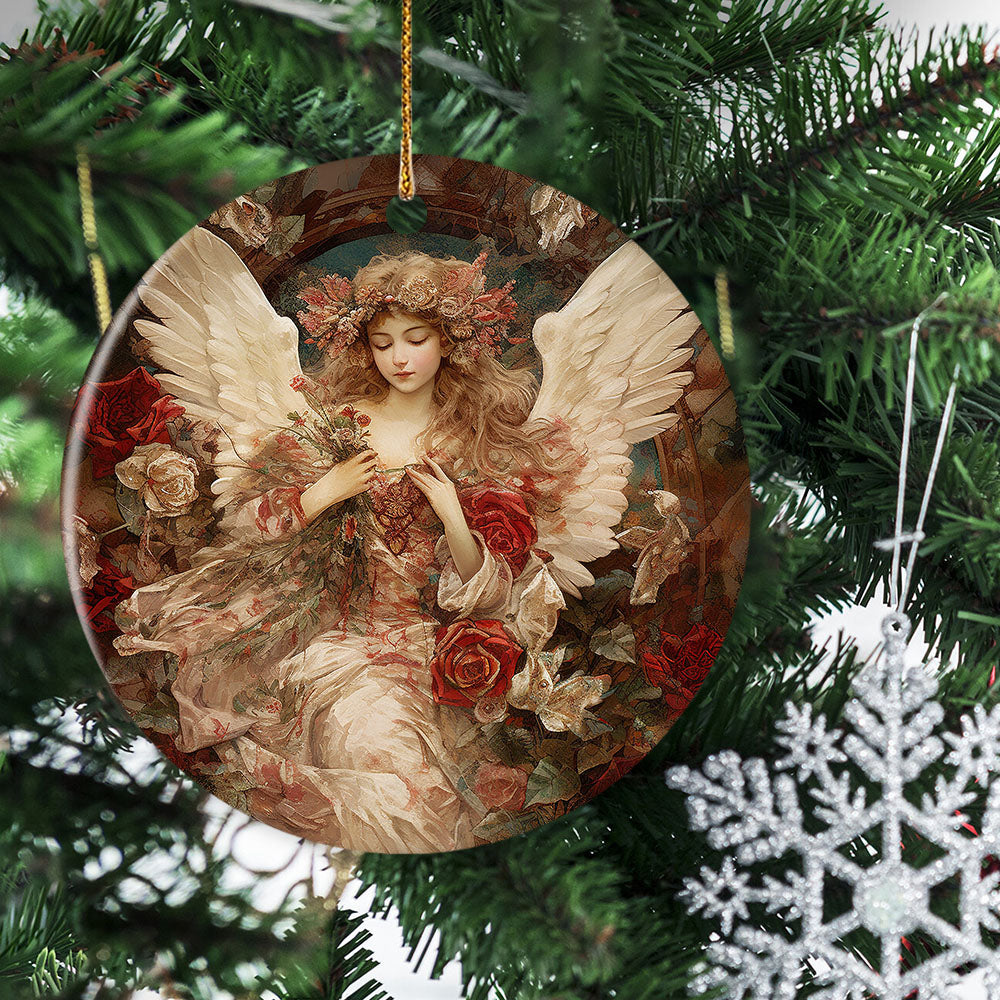 Seraph of the Roses Angelic Embrace, Angel Circle Ceramic Ornament Christmas Gift