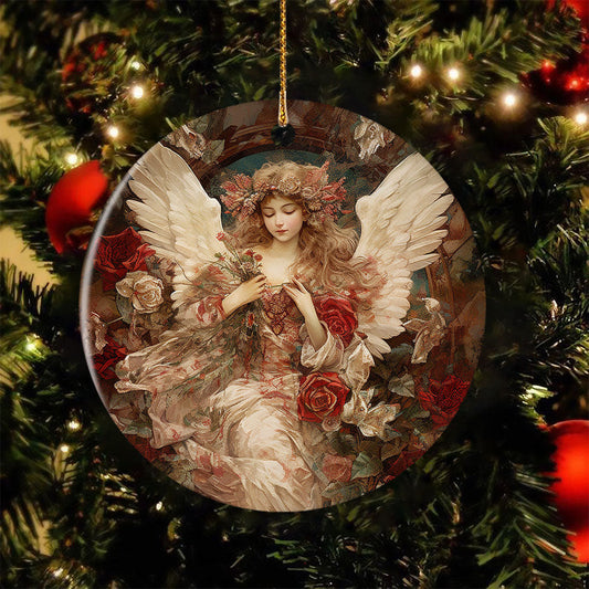 Seraph of the Roses Angelic Embrace, Angel Circle Ceramic Ornament Christmas Gift