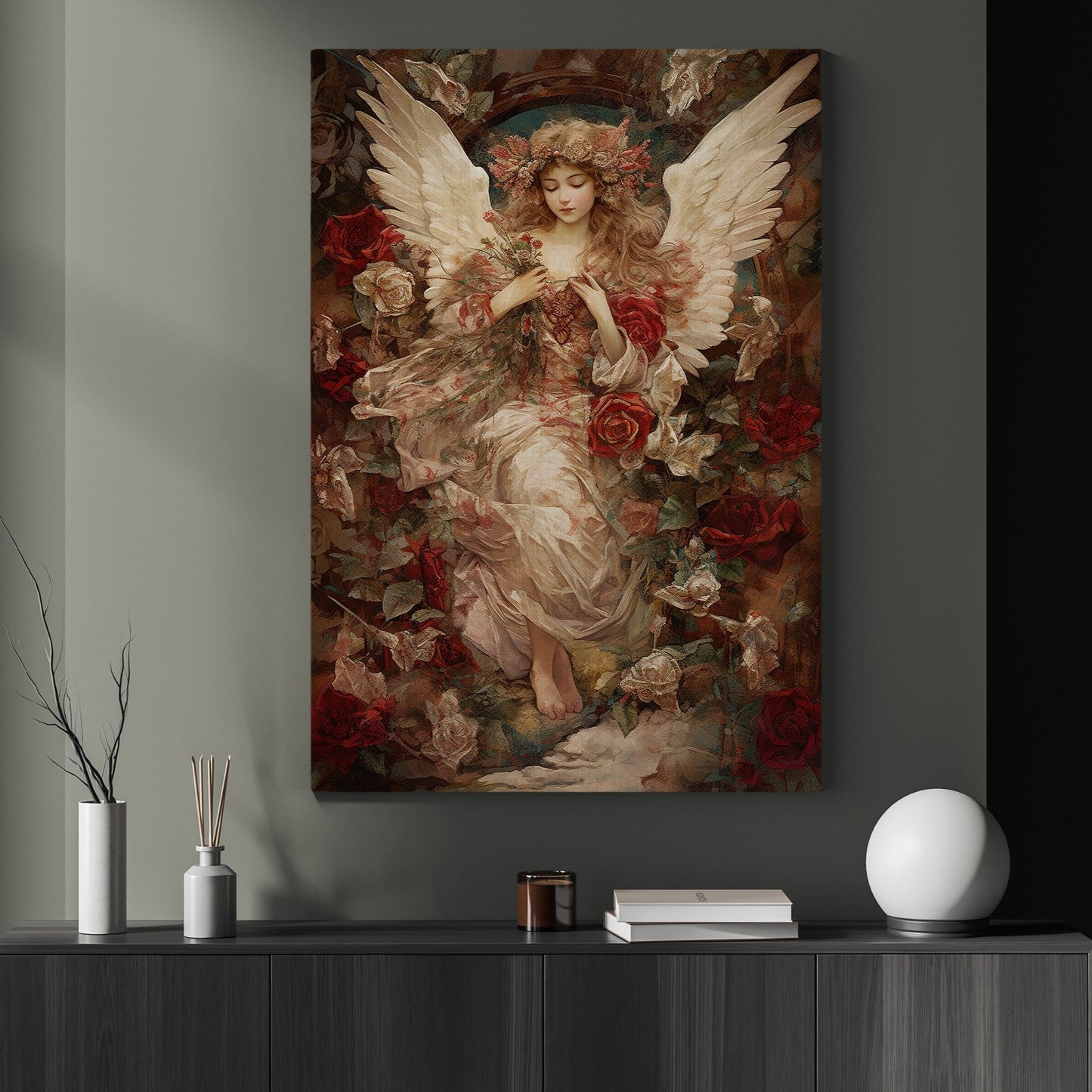 Serene Angel Amidst Blooming Roses, Victorian Canvas Painting, Mythology Wall Art Decor - Christmas Poster Gift For Angel Lovers