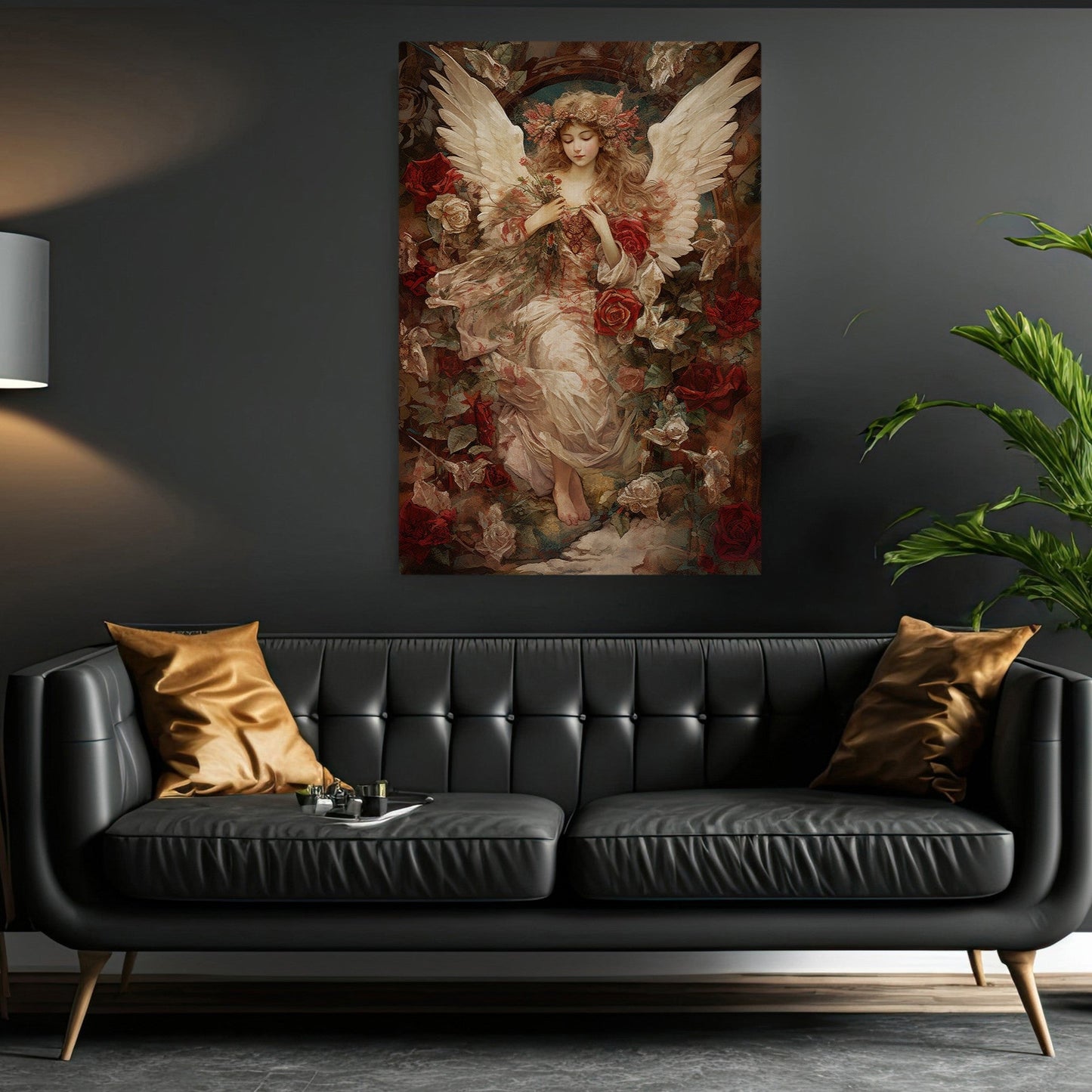 Serene Angel Amidst Blooming Roses, Victorian Canvas Painting, Mythology Wall Art Decor - Christmas Poster Gift For Angel Lovers