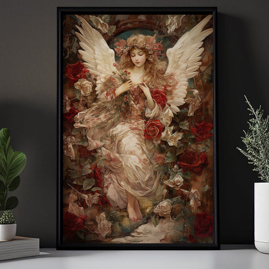 Serene Angel Amidst Blooming Roses, Victorian Canvas Painting, Mythology Wall Art Decor - Christmas Poster Gift For Angel Lovers