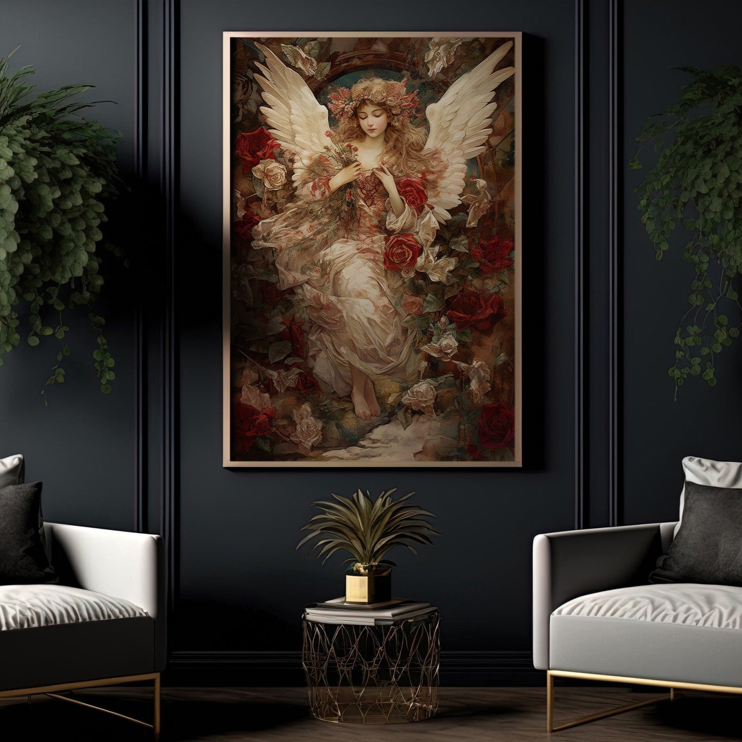 Serene Angel Amidst Blooming Roses, Victorian Canvas Painting, Mythology Wall Art Decor - Christmas Poster Gift For Angel Lovers