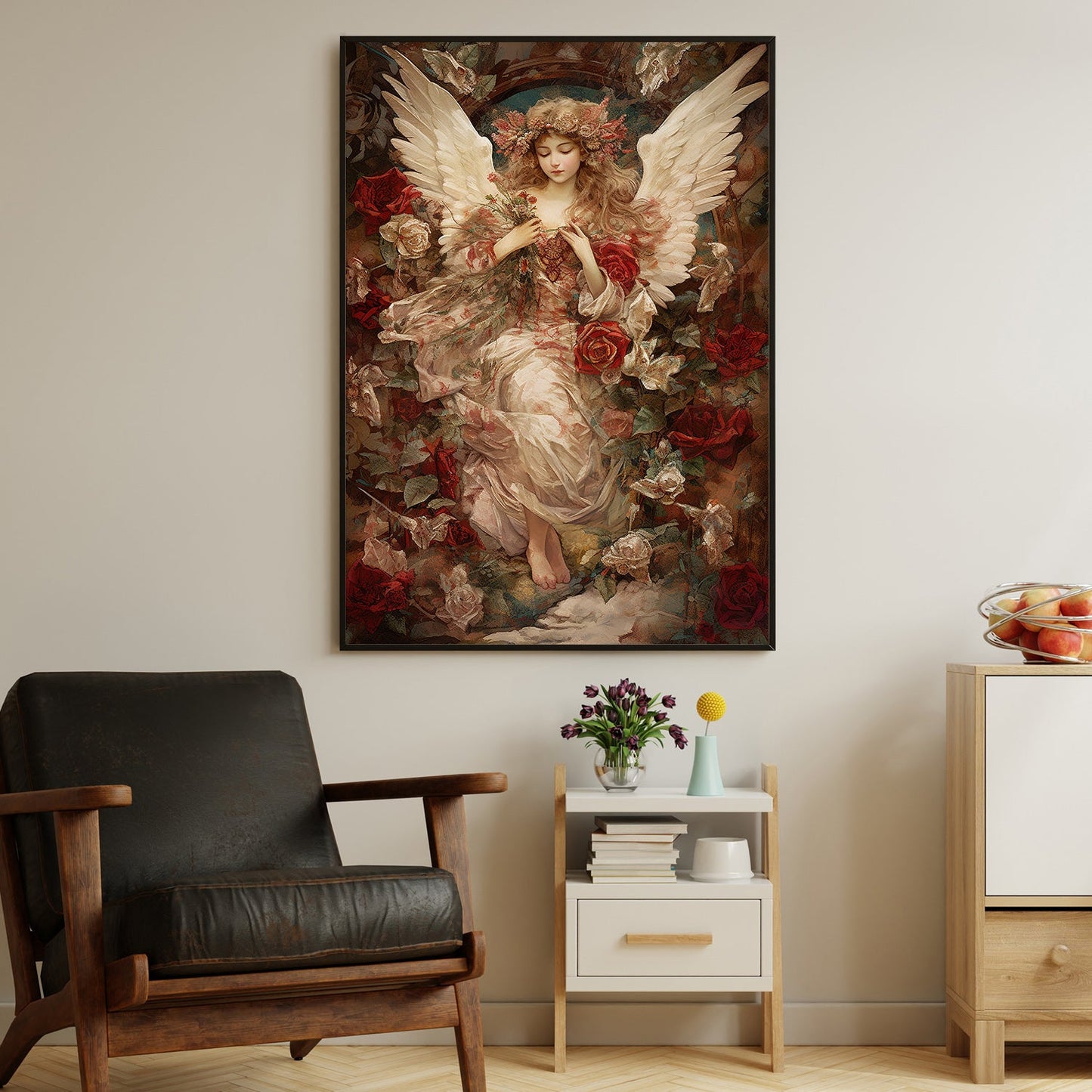 Serene Angel Amidst Blooming Roses, Victorian Canvas Painting, Mythology Wall Art Decor - Christmas Poster Gift For Angel Lovers