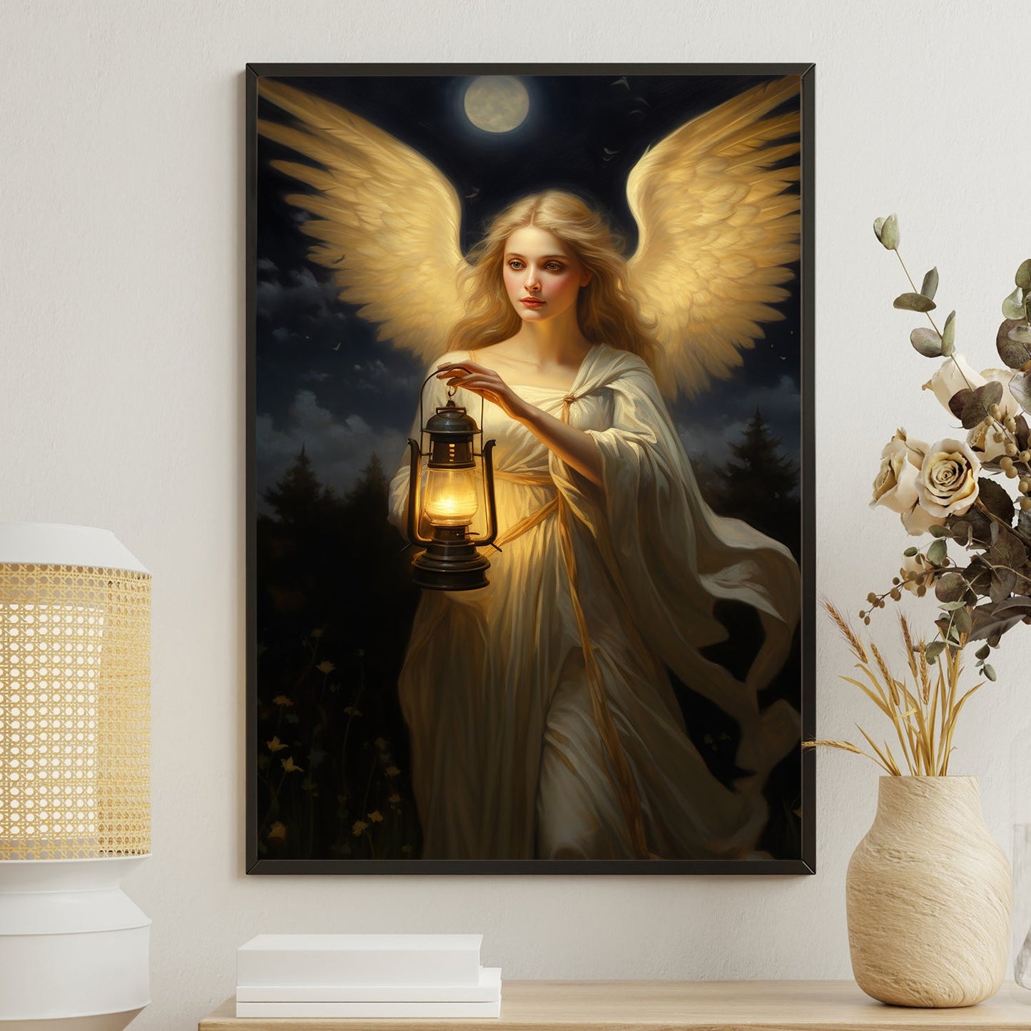 An Angel's Journey Through Moonlit Night, Christmas Canvas Painting, Xmas Wall Art Decor - Christmas Poster Gift For Angel Lovers