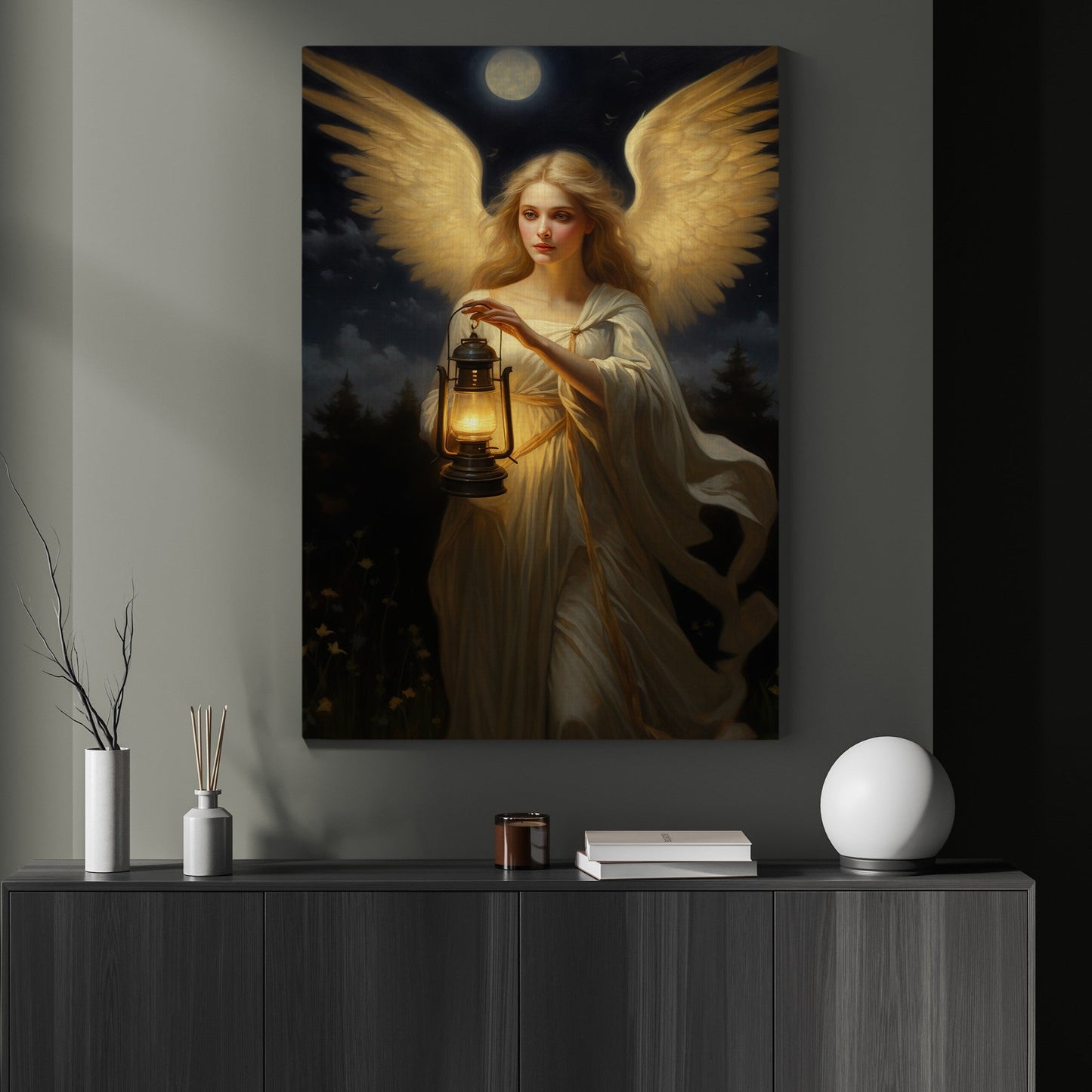 An Angel's Journey Through Moonlit Night, Christmas Canvas Painting, Xmas Wall Art Decor - Christmas Poster Gift For Angel Lovers