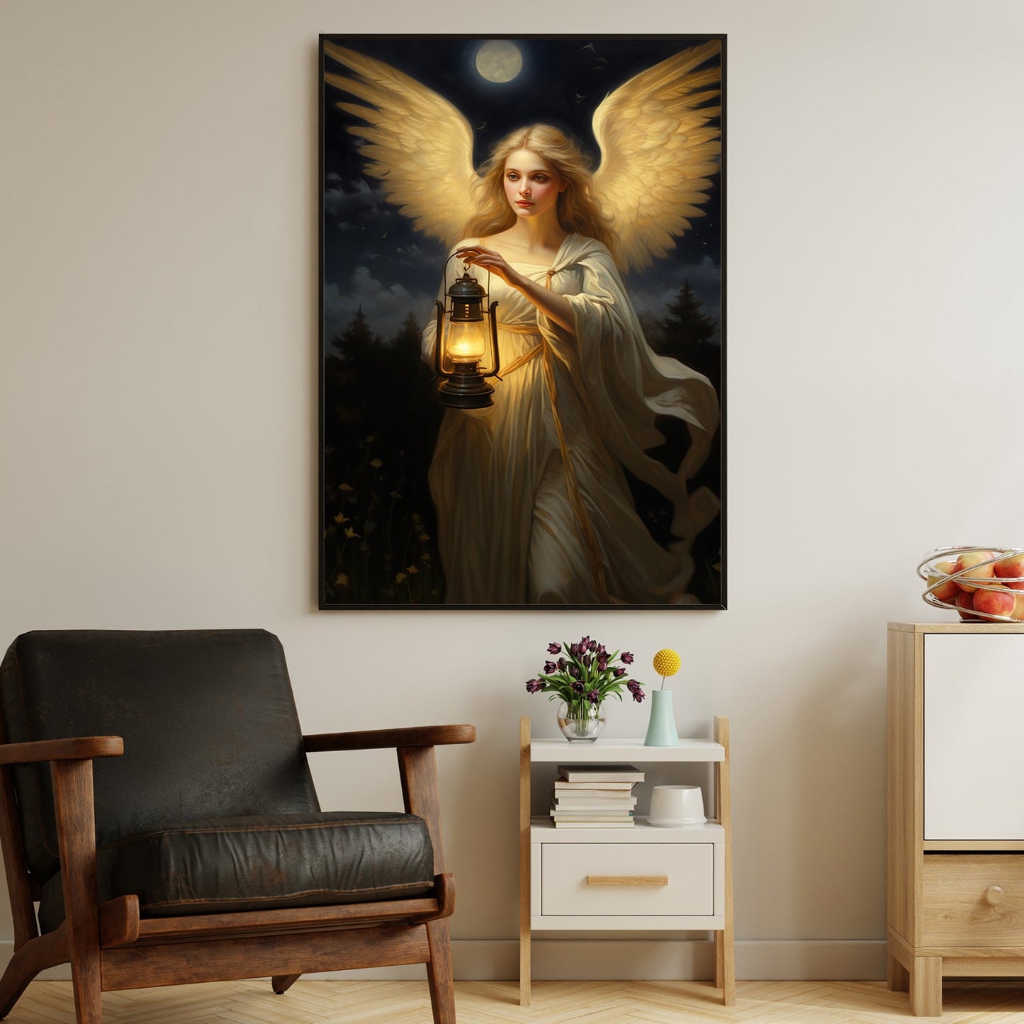 An Angel's Journey Through Moonlit Night, Christmas Canvas Painting, Xmas Wall Art Decor - Christmas Poster Gift For Angel Lovers