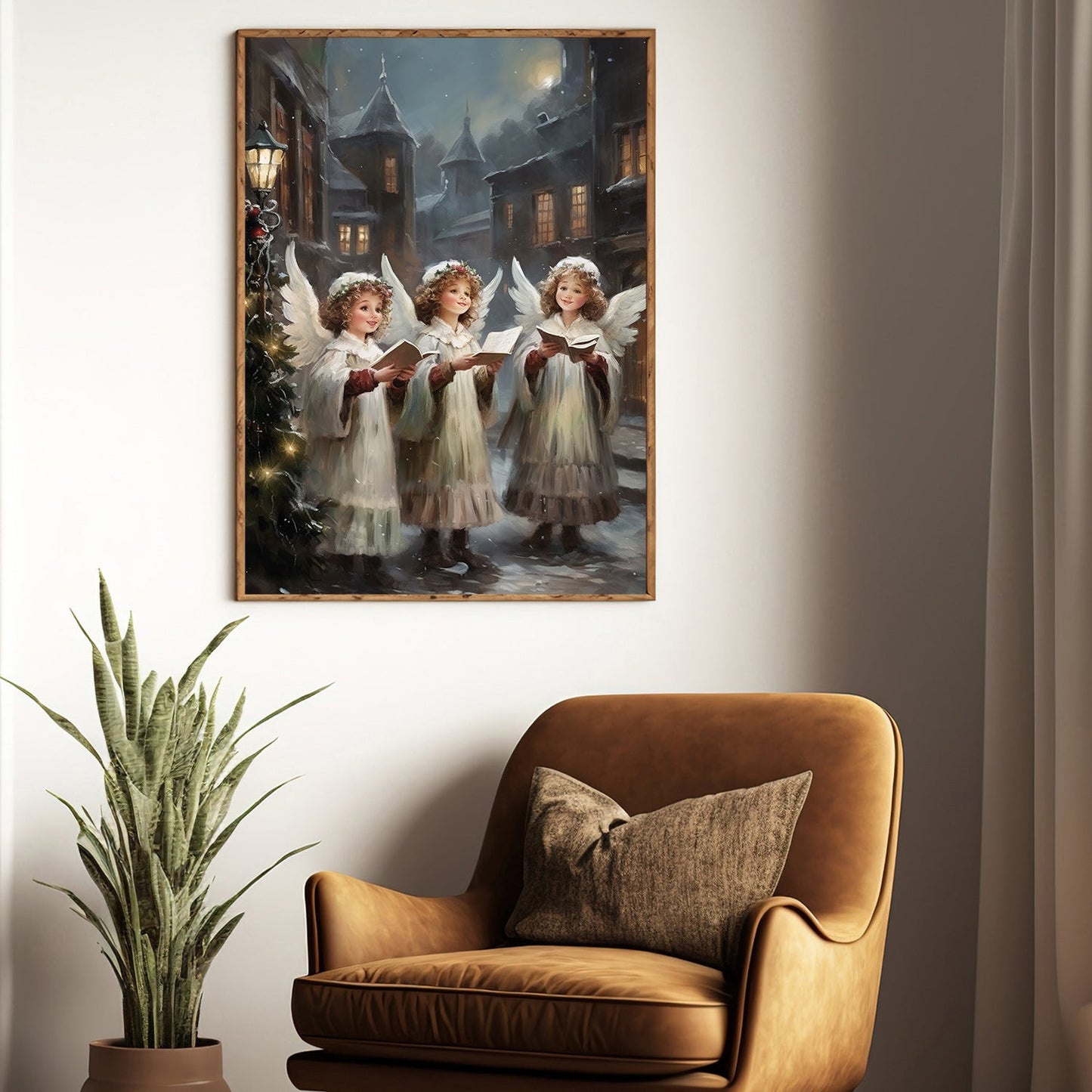 Enchanted Evening Angelic Carolers in a Snowy Village, Christmas Canvas Painting, Xmas Wall Art Decor - Christmas Poster Gift For Angel Lovers