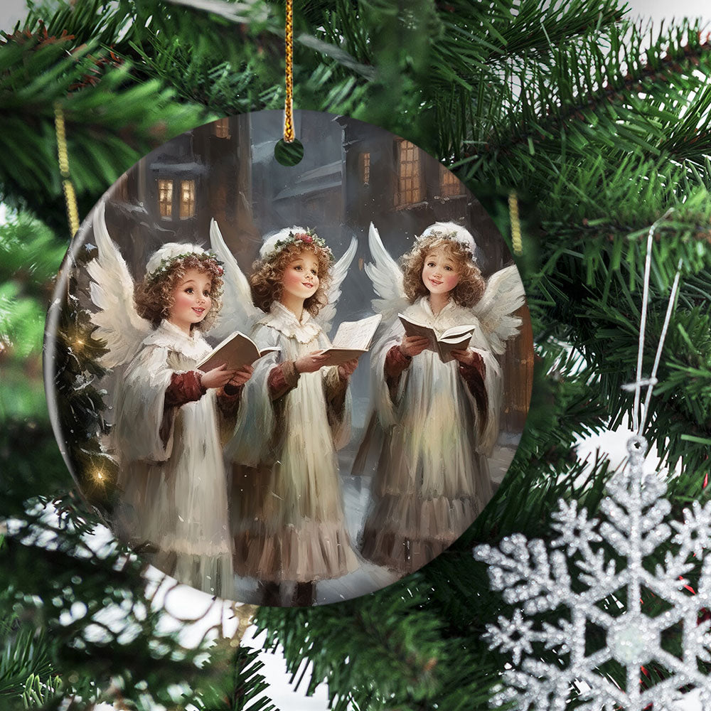 Angelic Carolers in a Snowy Village, Angel Circle Ceramic Ornament Christmas Gift