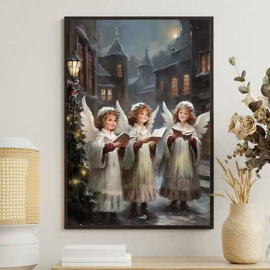 Enchanted Evening Angelic Carolers in a Snowy Village, Christmas Canvas Painting, Xmas Wall Art Decor - Christmas Poster Gift For Angel Lovers