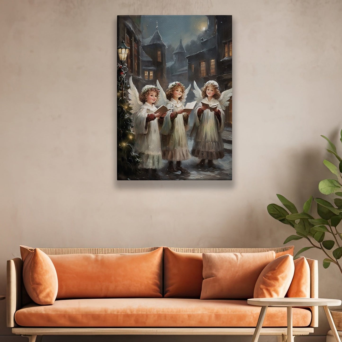 Enchanted Evening Angelic Carolers in a Snowy Village, Christmas Canvas Painting, Xmas Wall Art Decor - Christmas Poster Gift For Angel Lovers