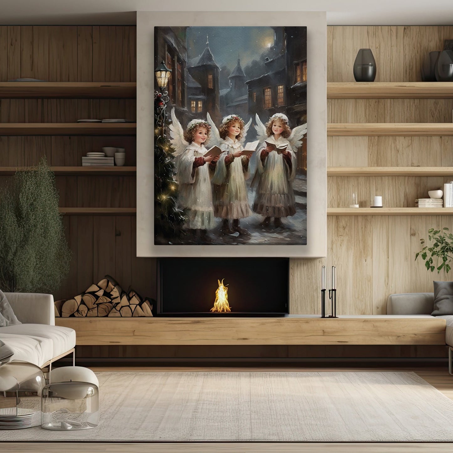 Enchanted Evening Angelic Carolers in a Snowy Village, Christmas Canvas Painting, Xmas Wall Art Decor - Christmas Poster Gift For Angel Lovers