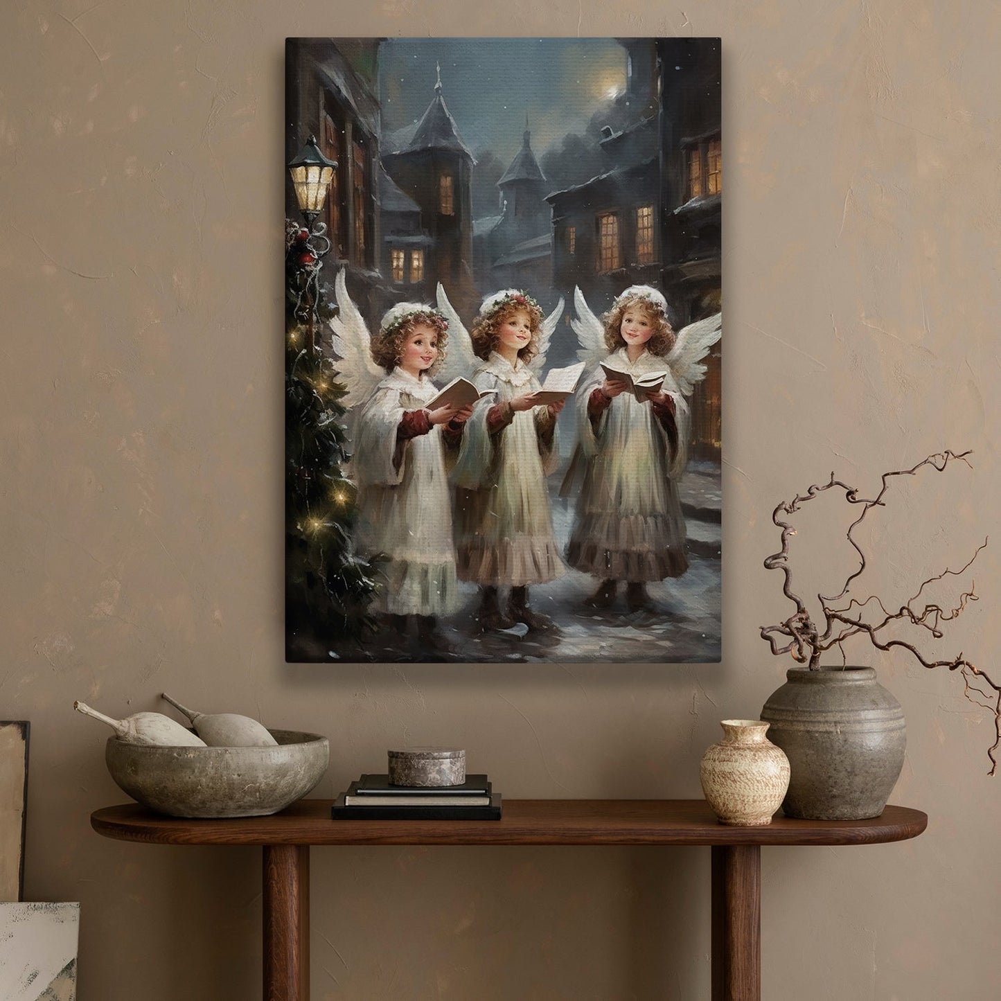 Enchanted Evening Angelic Carolers in a Snowy Village, Christmas Canvas Painting, Xmas Wall Art Decor - Christmas Poster Gift For Angel Lovers