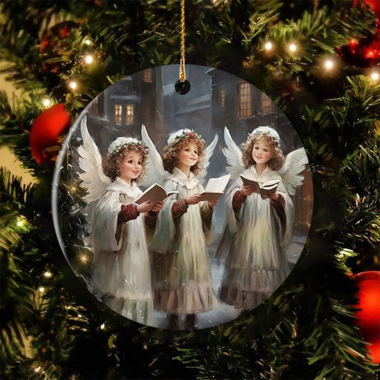 Angelic Carolers in a Snowy Village, Angel Circle Ceramic Ornament Christmas Gift