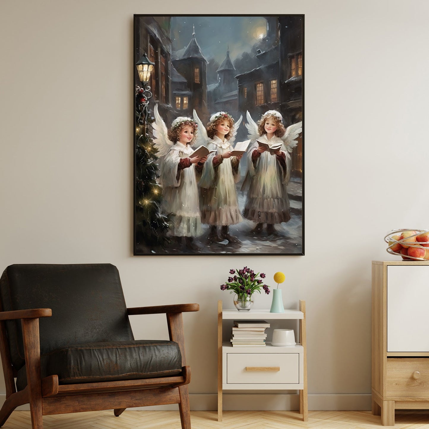 Enchanted Evening Angelic Carolers in a Snowy Village, Christmas Canvas Painting, Xmas Wall Art Decor - Christmas Poster Gift For Angel Lovers