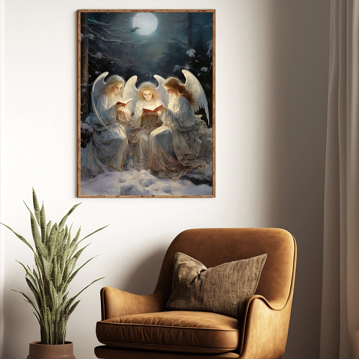 Midnight Serenade: Angels Singing Under the Moonlit Forest, Christmas Canvas Painting, Xmas Wall Art Decor - Christmas Poster Gift For Angel Lovers