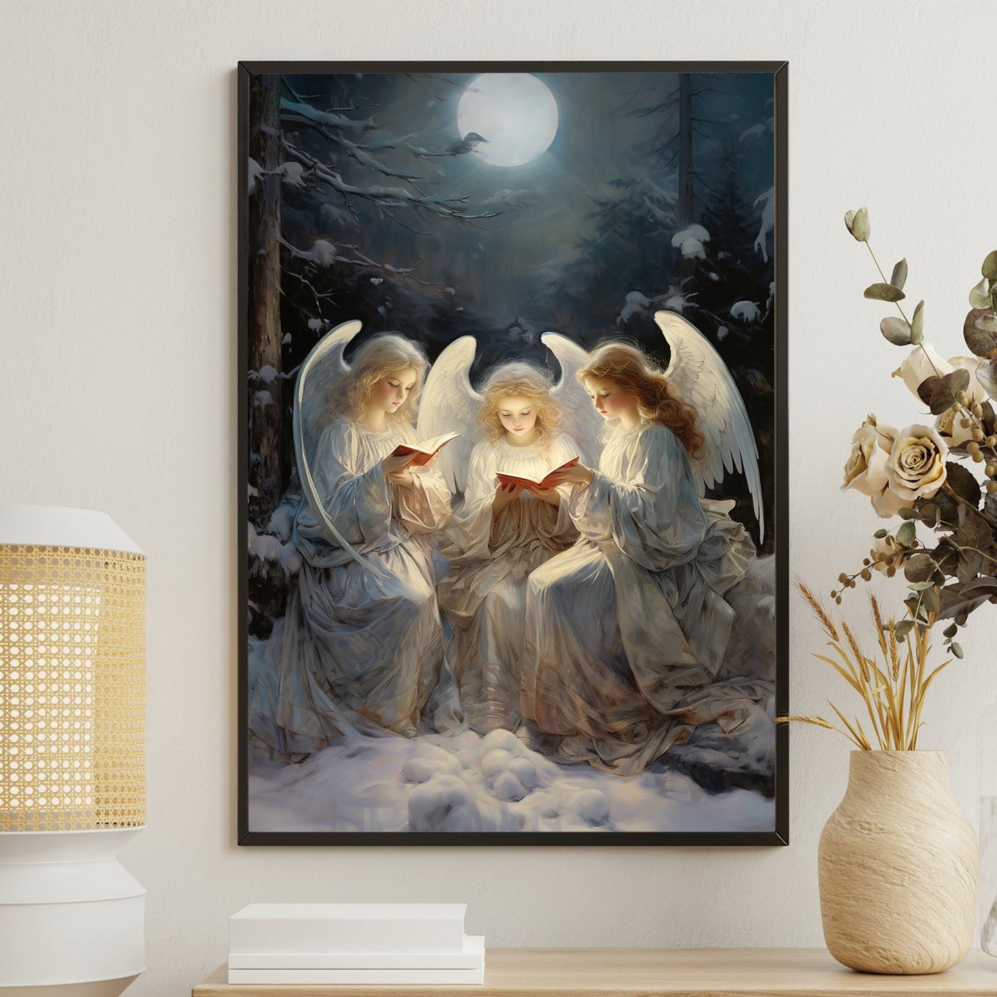 Midnight Serenade: Angels Singing Under the Moonlit Forest, Christmas Canvas Painting, Xmas Wall Art Decor - Christmas Poster Gift For Angel Lovers