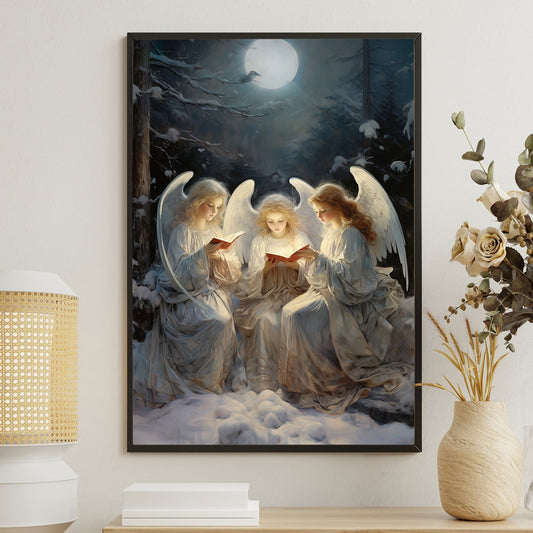Midnight Serenade: Angels Singing Under the Moonlit Forest, Christmas Canvas Painting, Xmas Wall Art Decor - Christmas Poster Gift For Angel Lovers