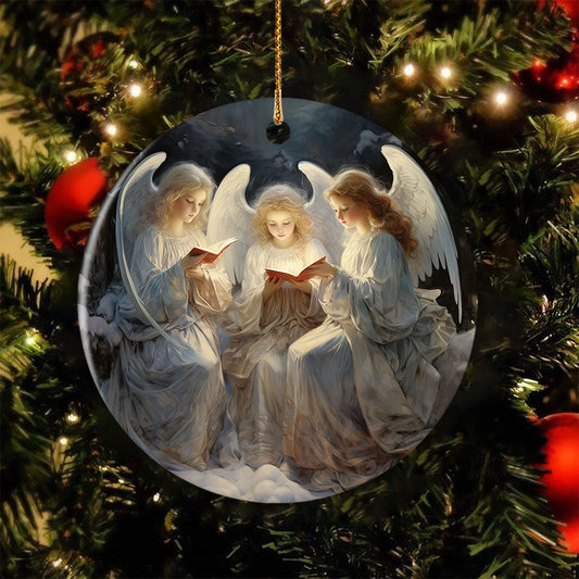 Angels Singing Under the Moonlit Forest, Angel Circle Ceramic Ornament Christmas Gift