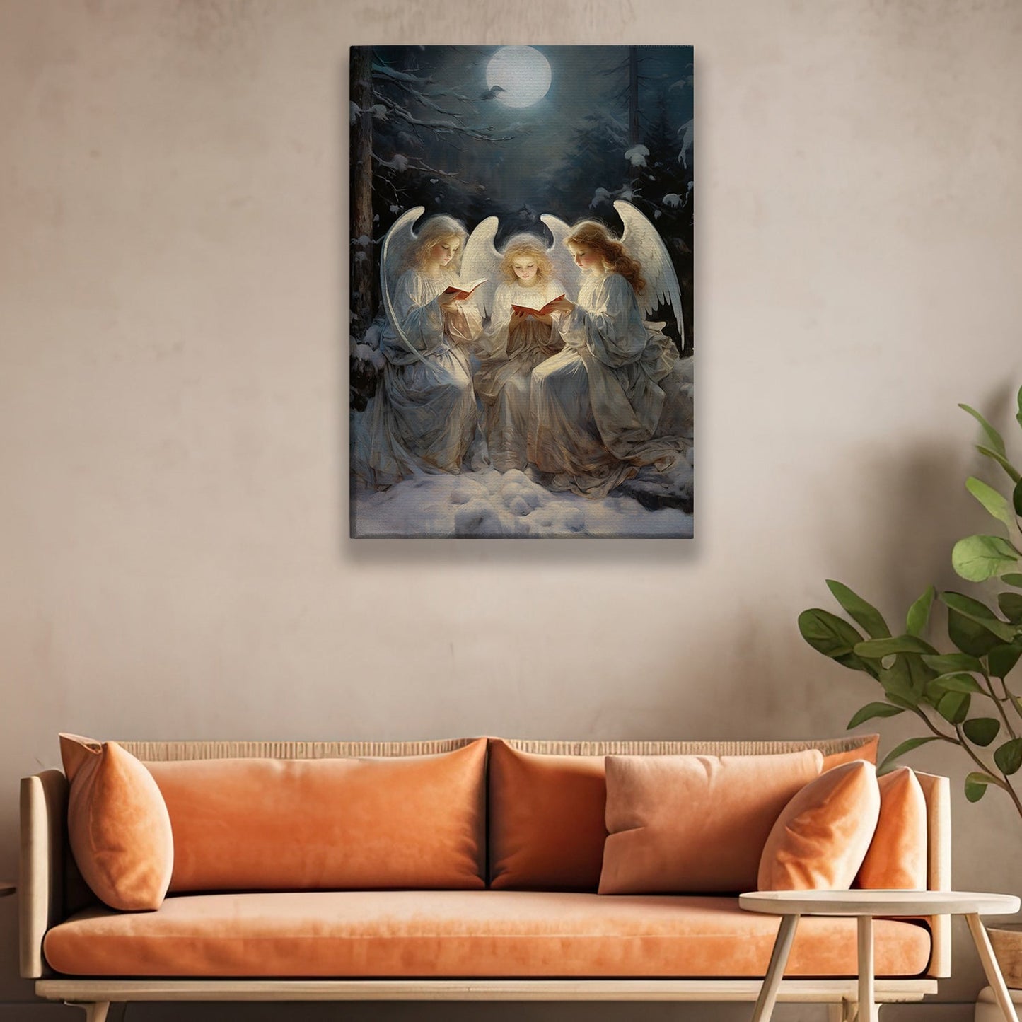 Midnight Serenade: Angels Singing Under the Moonlit Forest, Christmas Canvas Painting, Xmas Wall Art Decor - Christmas Poster Gift For Angel Lovers