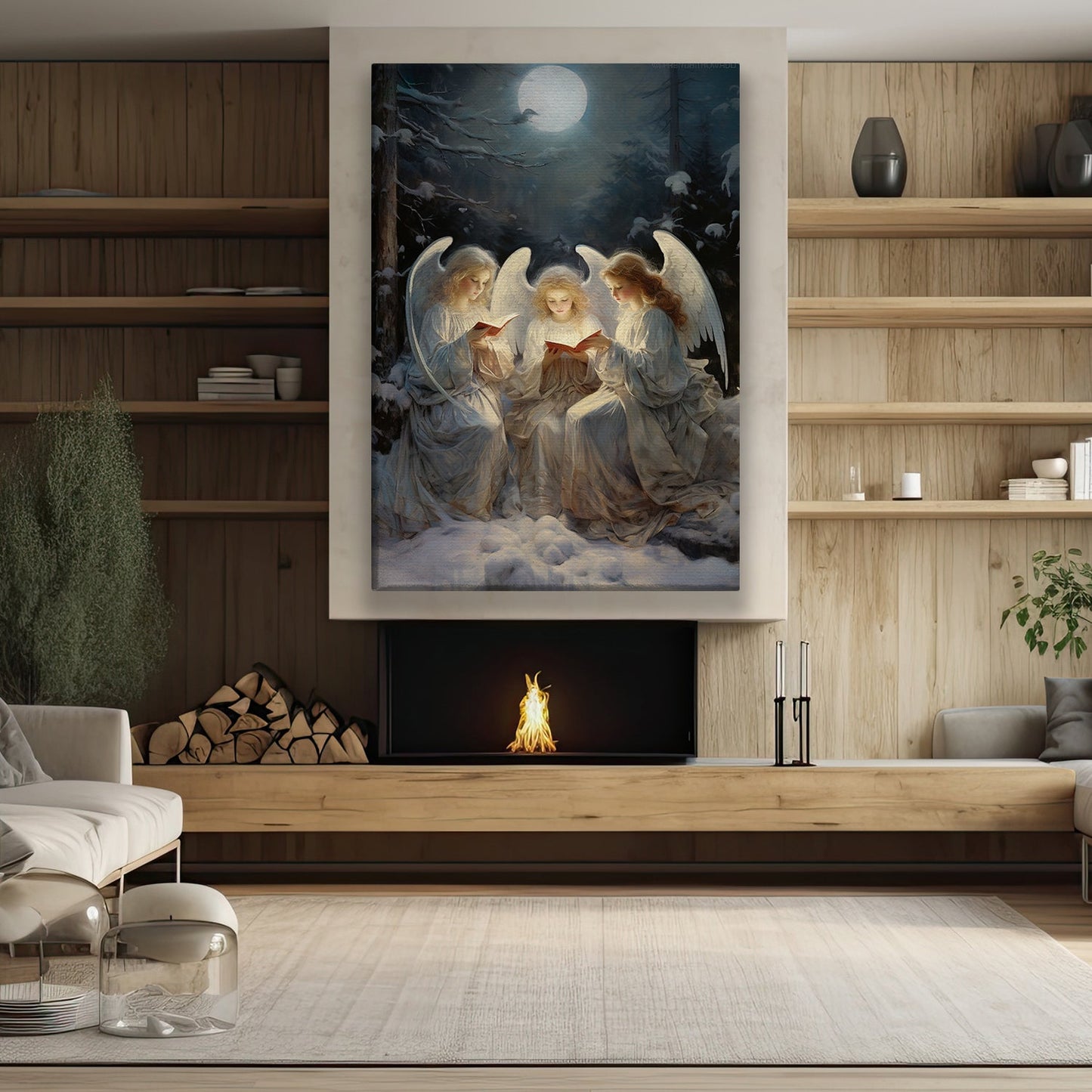 Midnight Serenade: Angels Singing Under the Moonlit Forest, Christmas Canvas Painting, Xmas Wall Art Decor - Christmas Poster Gift For Angel Lovers