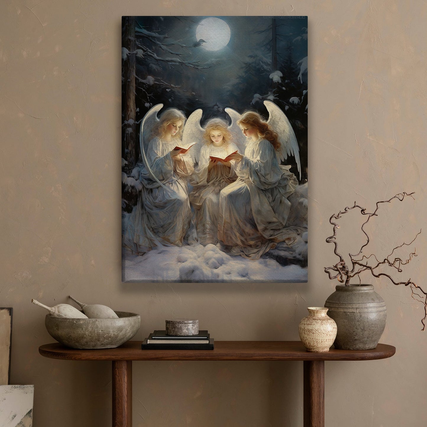 Midnight Serenade: Angels Singing Under the Moonlit Forest, Christmas Canvas Painting, Xmas Wall Art Decor - Christmas Poster Gift For Angel Lovers