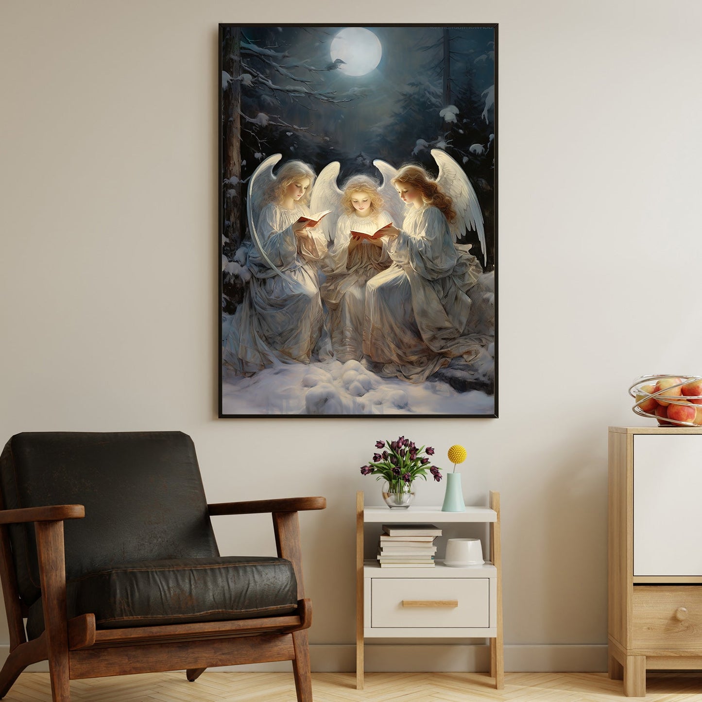 Midnight Serenade: Angels Singing Under the Moonlit Forest, Christmas Canvas Painting, Xmas Wall Art Decor - Christmas Poster Gift For Angel Lovers
