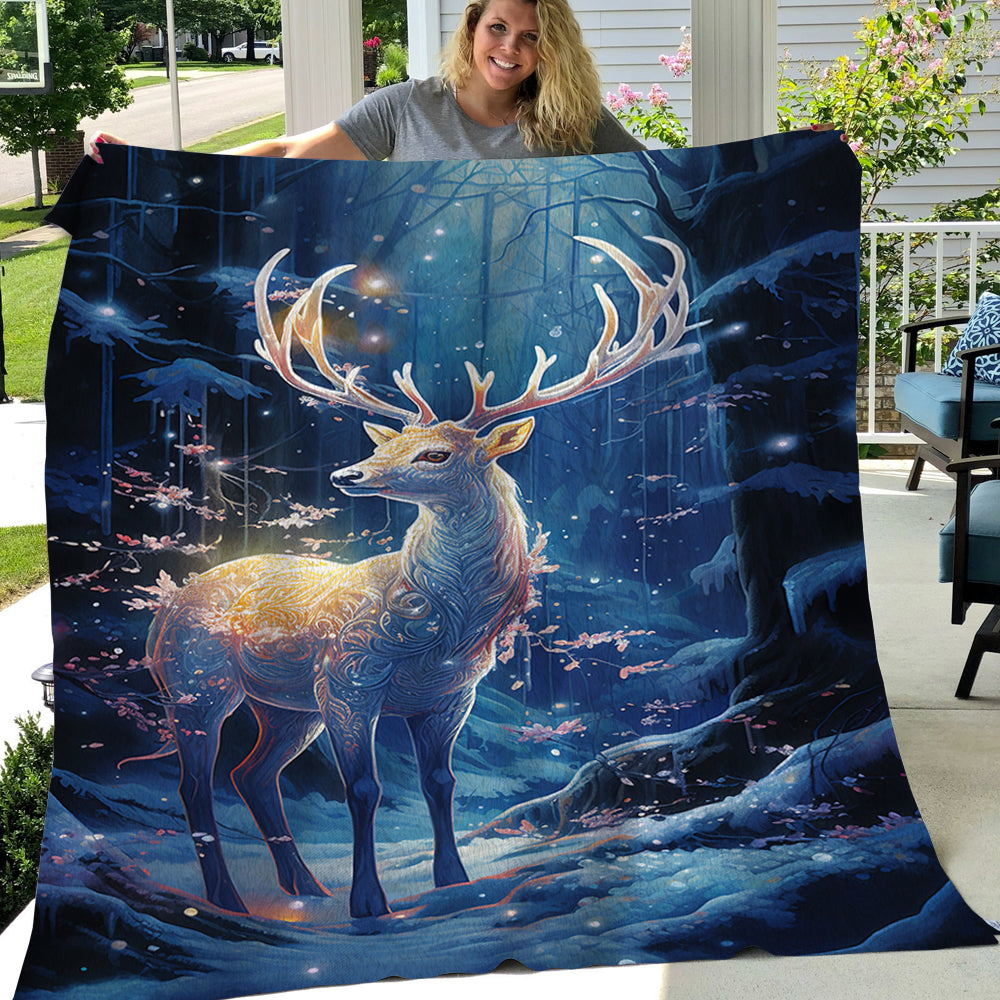 Alone Reindeer Glow In The Forest Christmas, Reindeer Xmas Fleece Blanket & Sherpa Blanket Gift