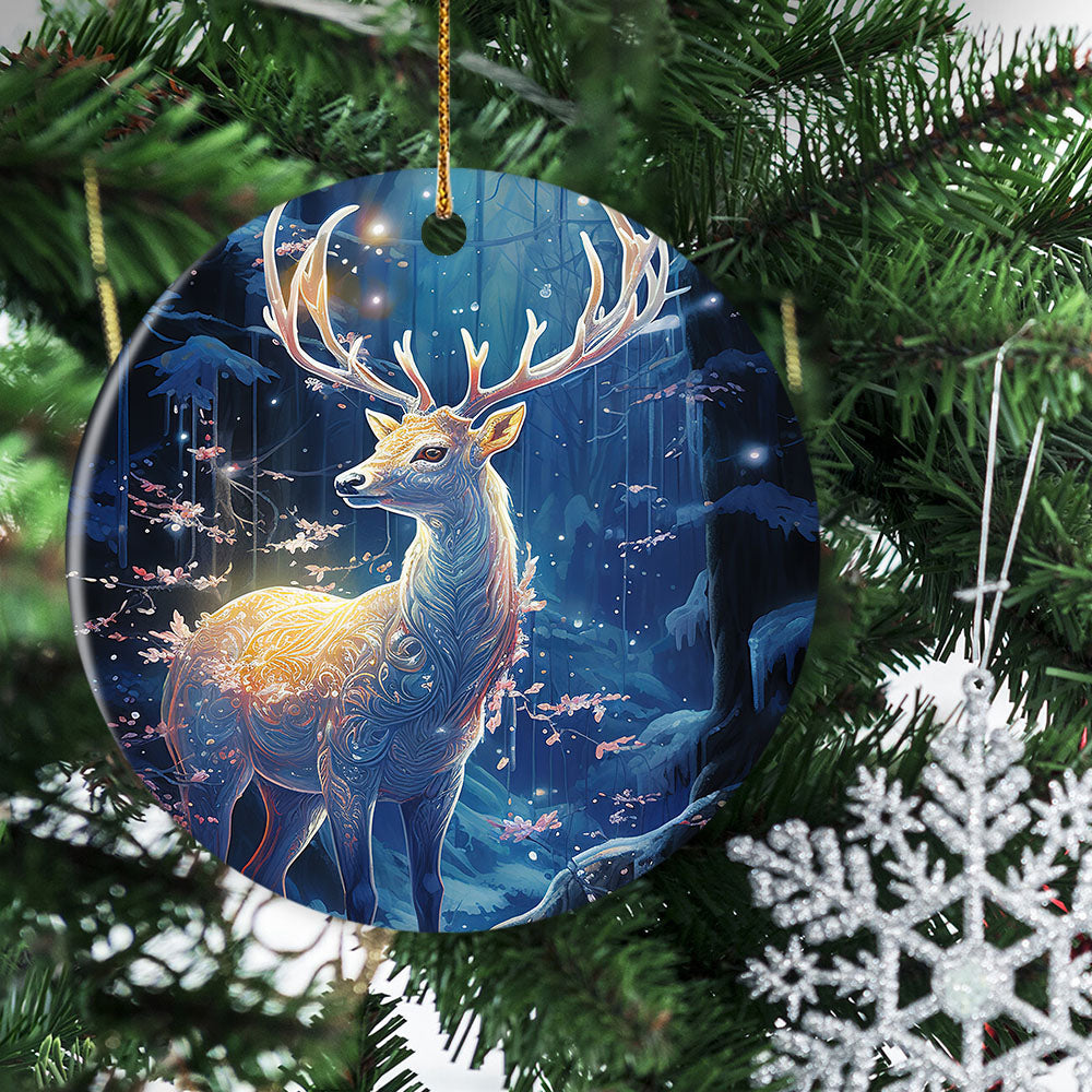 A Luminous Guardian of the Winter Forest, Deer Circle Ceramic Ornament Christmas Gift