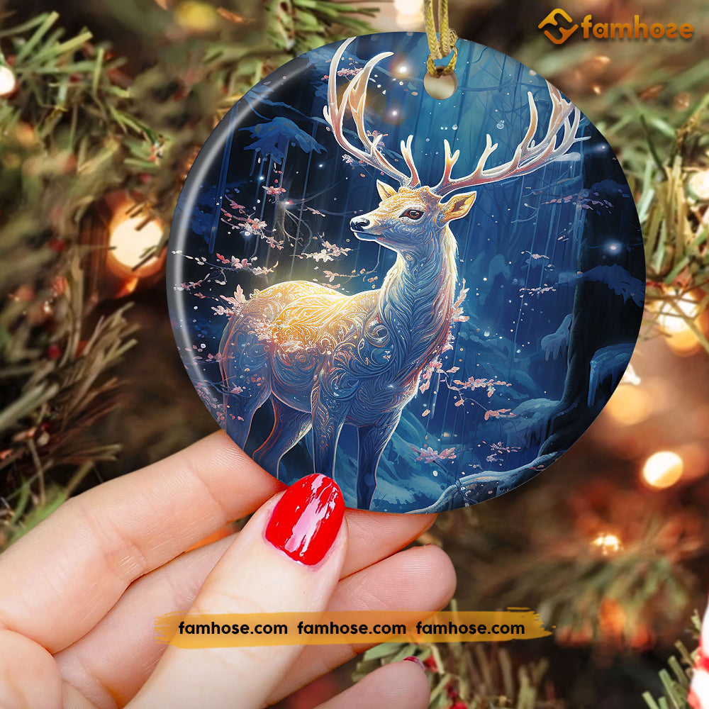 A Luminous Guardian of the Winter Forest, Deer Circle Ceramic Ornament Christmas Gift