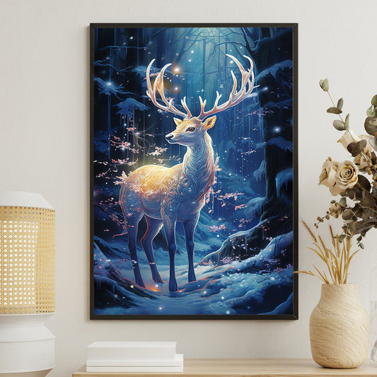 Enchanted Stag A Luminous Guardian of the Winter Forest, Christmas Canvas Painting, Xmas Wall Art Decor - Christmas Poster Gift For Deer Lovers